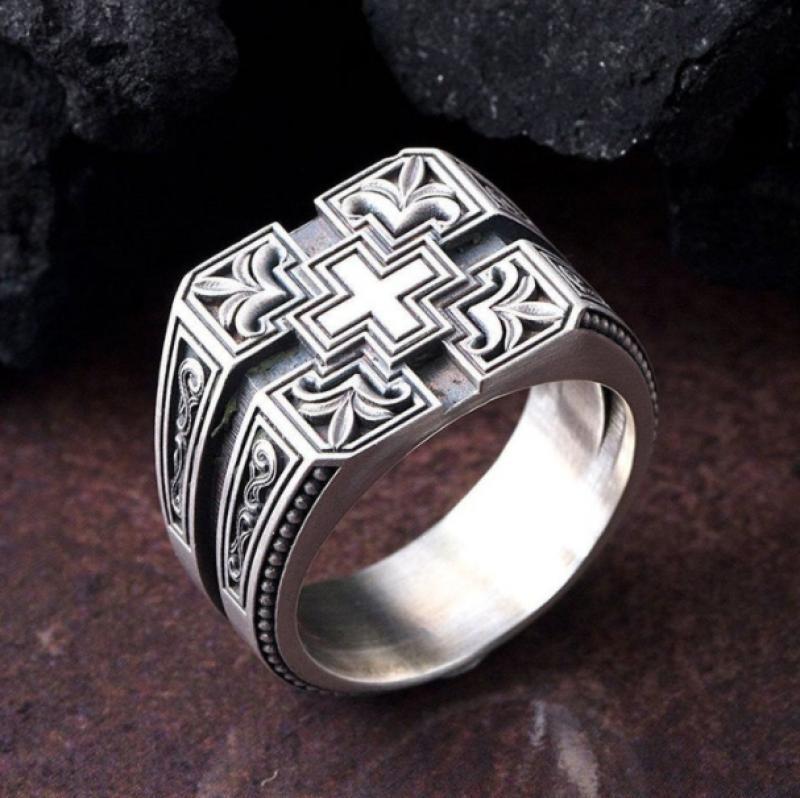 European And American Retro Carved Christian Mens Ring Plated Copper Finish Silver Tone Jewelry Fashion Accessory