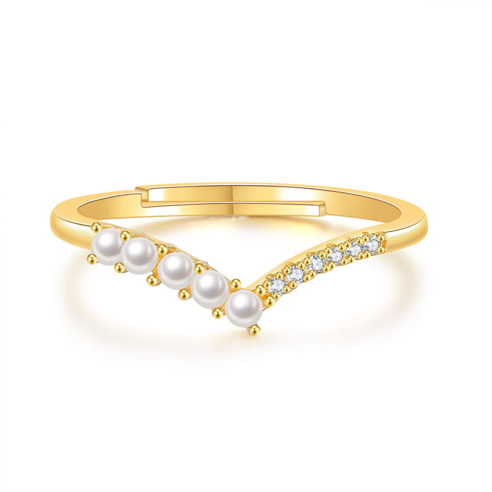 Golden Electroplated Womens Adjustable Ring Geometric V Shaped Shell Beads Index Finger Jewelry Fashion Trendy