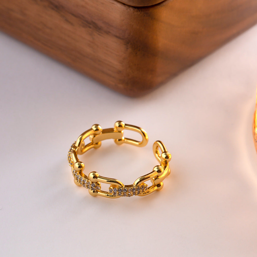 Geometric Copper Ring With Zircon Inlaid Open Design 18K Gold Plated Fashion Jewelry For Everyday Wear Elegant