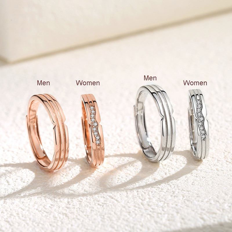 Couples Geometric Ring Set Adjustable Silver Rose Gold