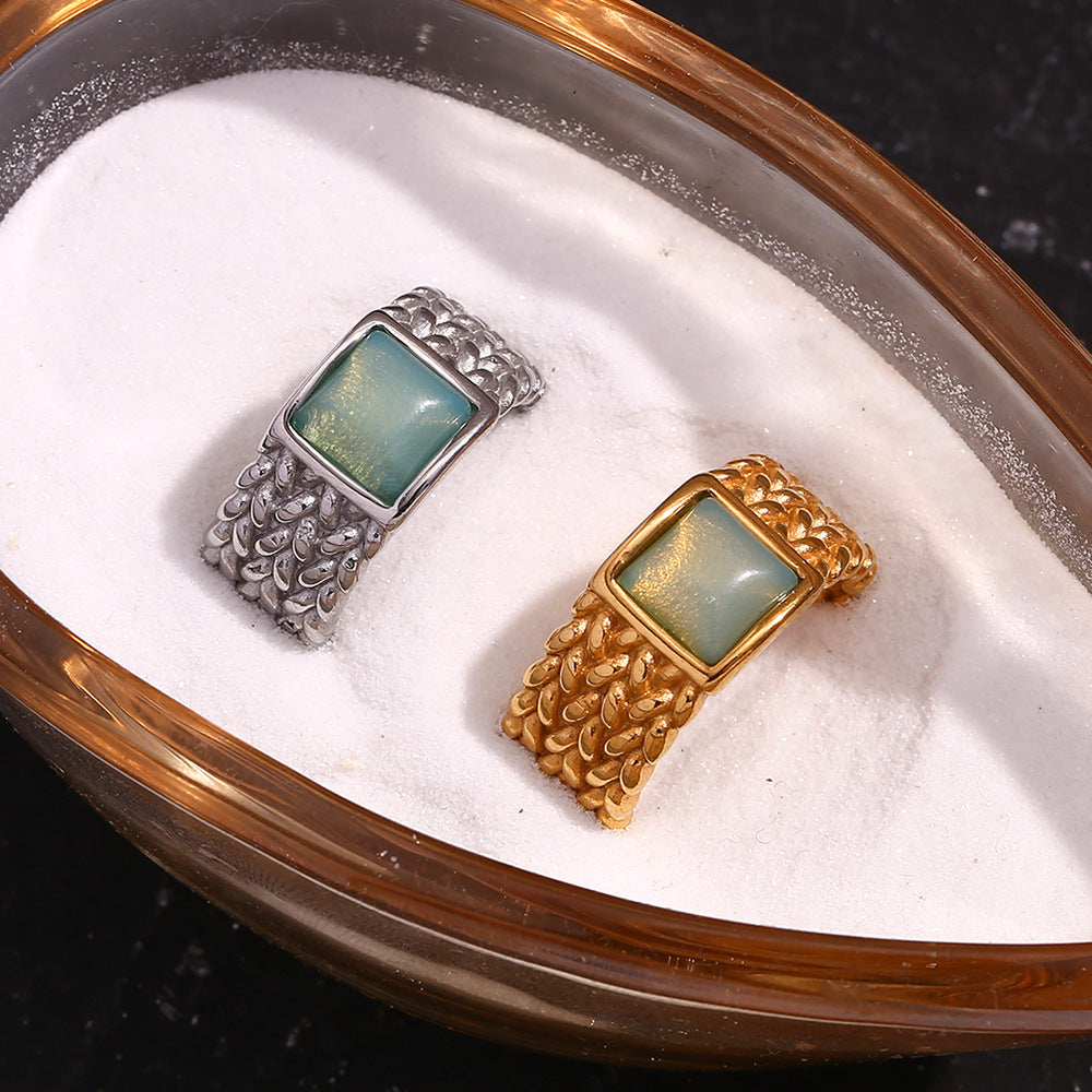 Vintage Stainless Steel 18K Gold Plating Woven Square Natural Stone Ring