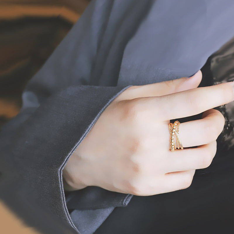 Womens Open Ring Adjustable Braided Winding Multilayer Cross Copper Ring Irregular Wave Geometry Ring European