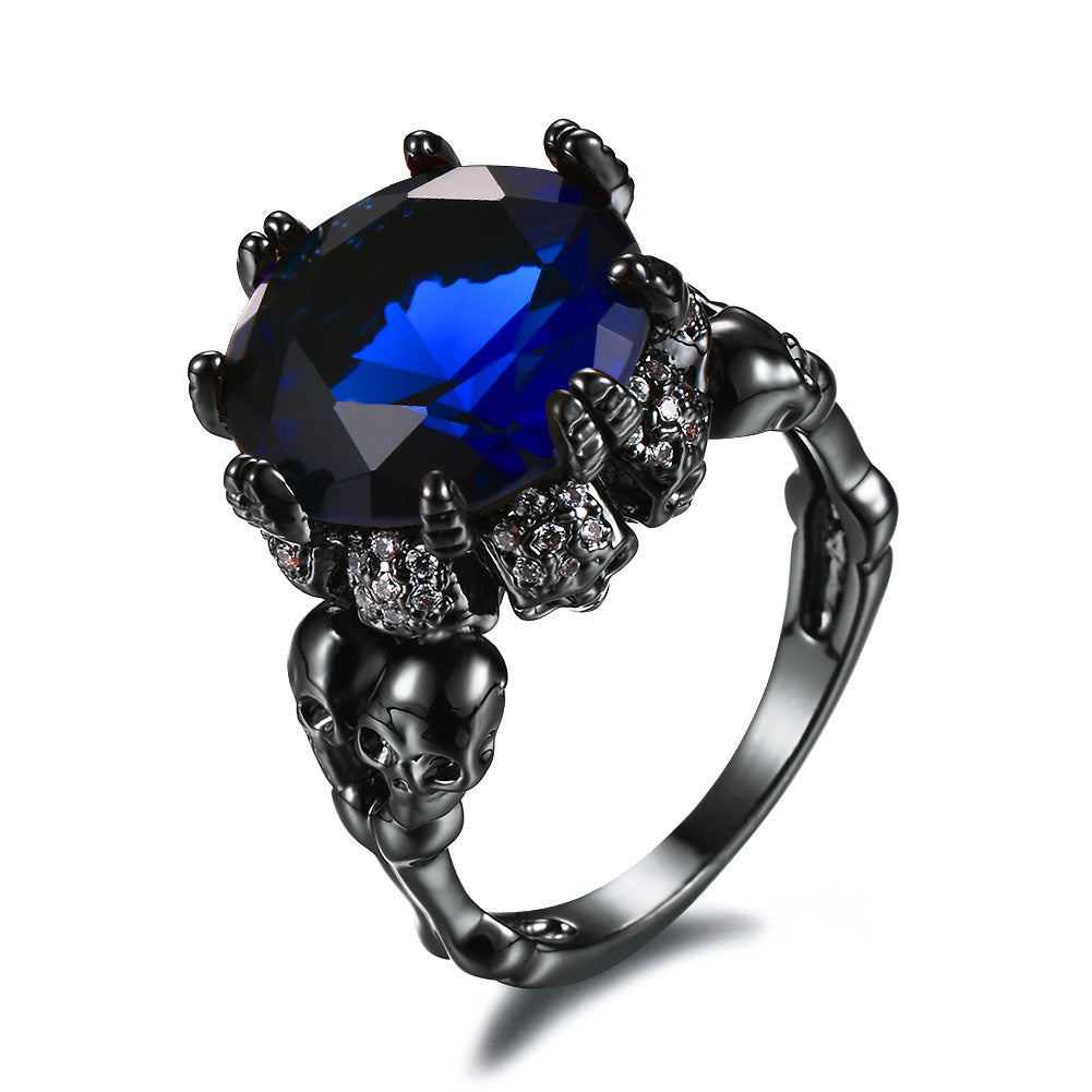 Womens Copper Ring With Electroplating Artificial Gem Inlay Skull Design Black Gold Wedding Ring In Red Purple Green