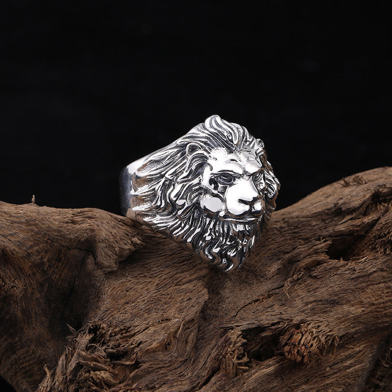 Lion Head Mens Ring Vintage Silver Plated Copper Wide Face Adjustable Statement Ring Dominant Animal DesignPro