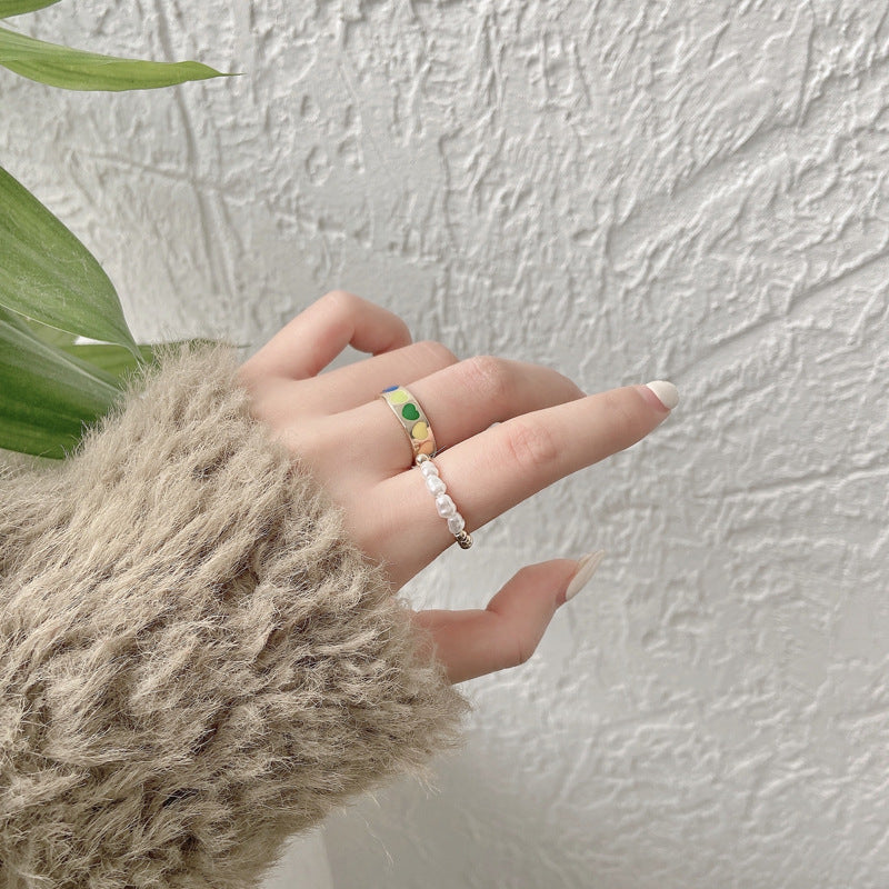 Women Heart Pearl Ring Geometric Style Adjustable Electroplated Alloy Jewelry For Women Korean Inspired Jewelry