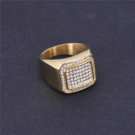 Square Rhinestones Ring Gold Titanium Steel Ring for Women Retro Polished Statement Rings Numbers Letters Ring