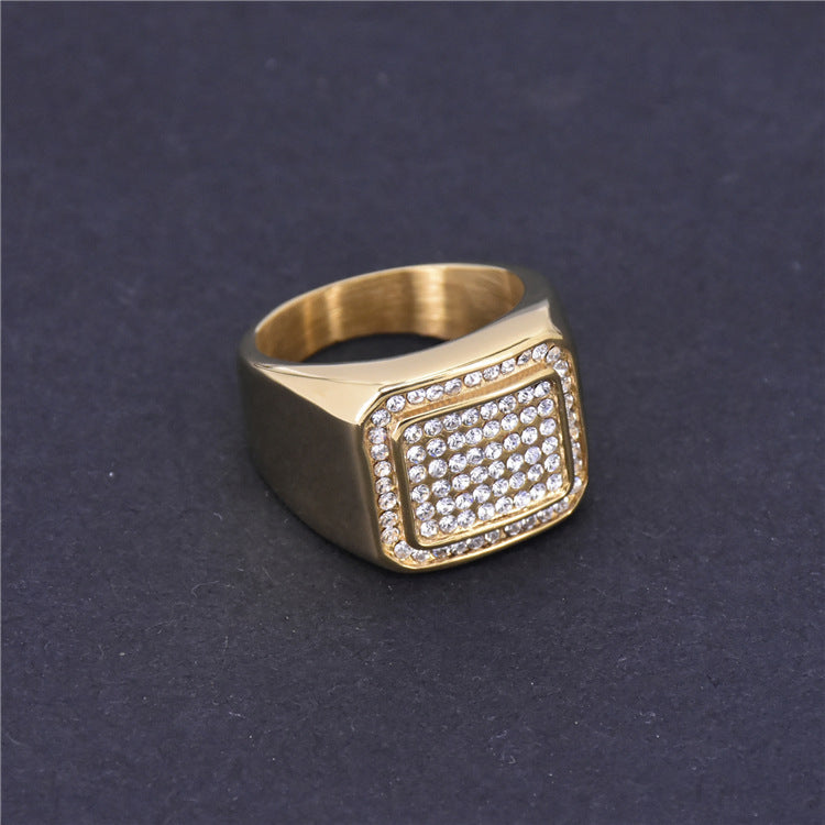 Gold Color Stainless Steel Ring With Rhinestone Square Design Retro Titanium Steel Polished Band Ring For Women And