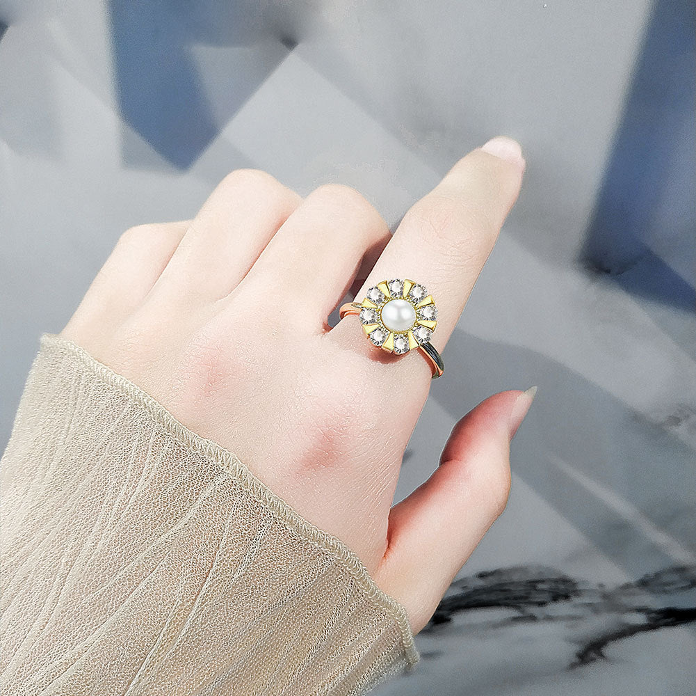 Womens Adjustable Ring With Rotating Zircon Pearl Inlaid Copper Band 13mm Gem Jewelry Fashion Elegant Timeless Piece