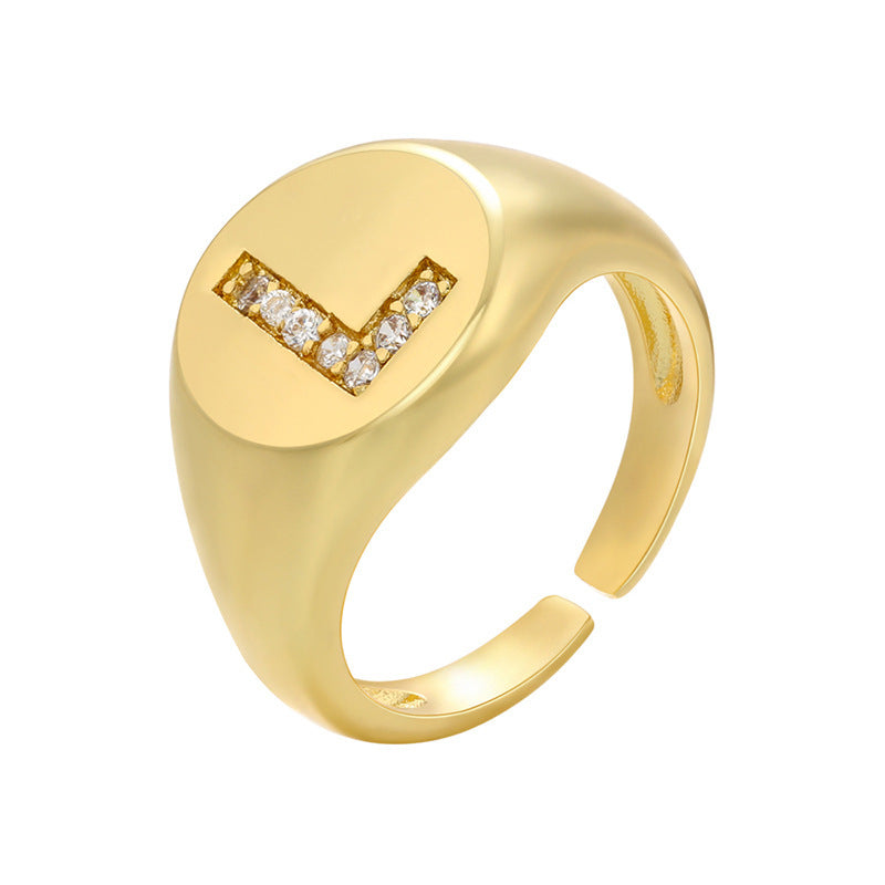Women Adjustable Initial Ring Wide Band Gold Tone Diamond Accent Personalized Alphabet Jewelry Gift Daily Wear