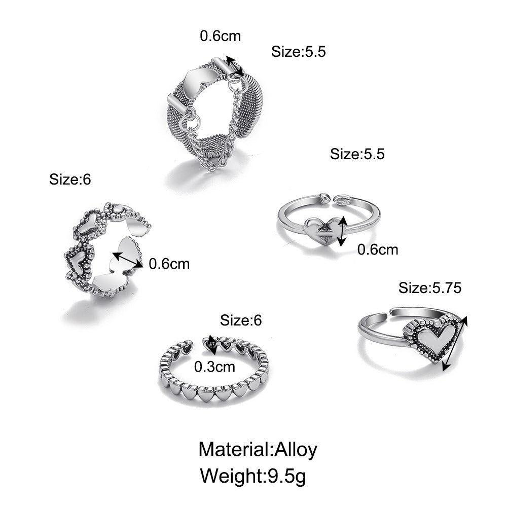 Women Heart Ring Set Adjustable Alloy Rings Silver Korean Vintage Style Heart Shape Jewelry Gift For Every Day