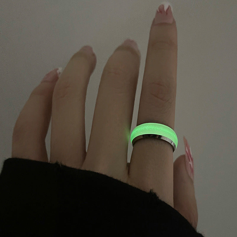 Stainless Steel Luminous Ring Retro Geometric Emerald Green Gem Index Finger Ring Fashion Jewelry Gift For Her
