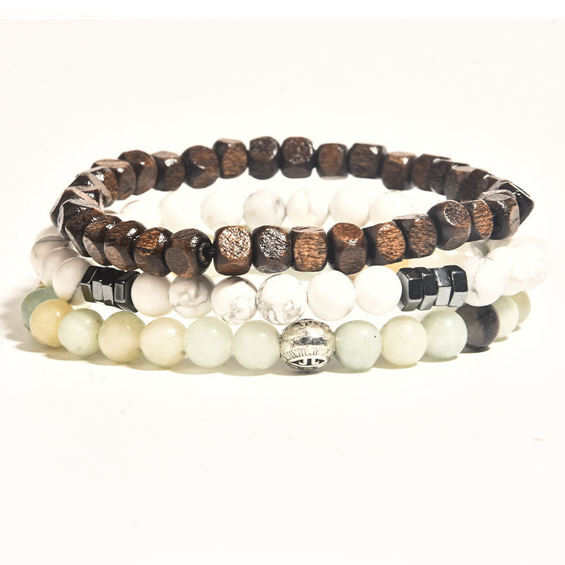 Unisex Volcanic Rock Bracelet With Wooden Beads And Hematite Beaded Accents Polished Geometric Glass Ethnic Bracelet