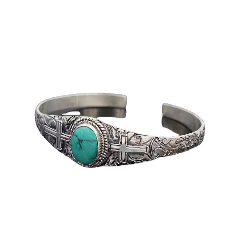 Womens Religious Jewelry Accessory Vintage Carved Cross Bracelet Turquoise Inlay Metal Fashion Bracelet For Women