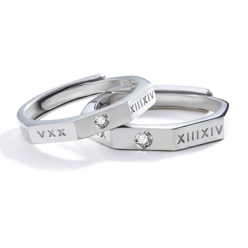 Couple Ring 925 Sterling Silver Roman Numeral Matching Rings For Men And Women Adjustable Opening Band Stylish