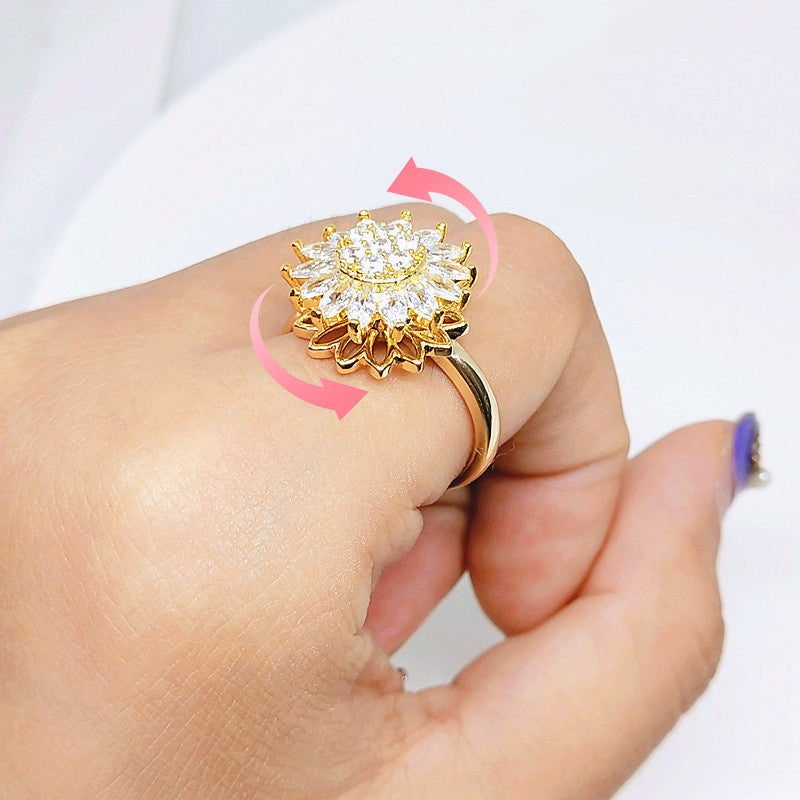 Rotating Sunflower Ring With Full Diamond Adjustable Opening Gold Rose Gold White Gold Women Jewelry Korean Style