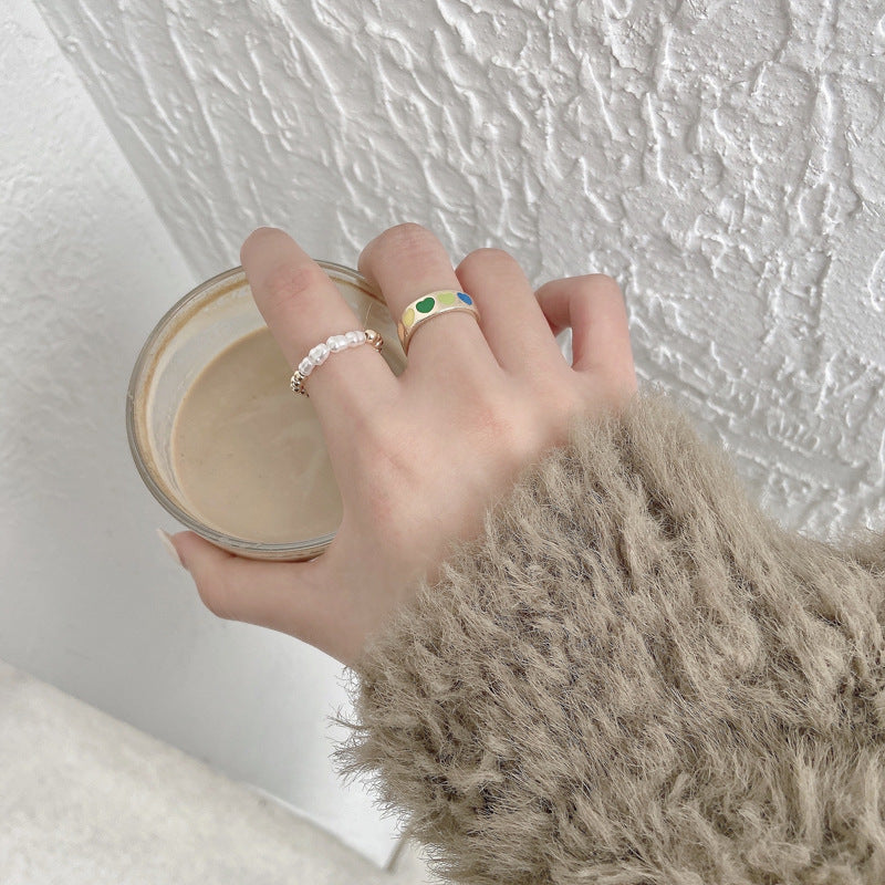 Women Heart Pearl Ring Geometric Style Adjustable Electroplated Alloy Jewelry For Women Korean Inspired Jewelry