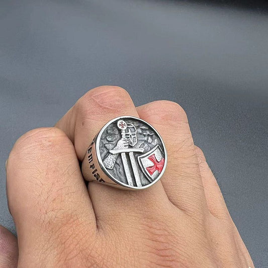 Titanium Steel Templar Templar Samurai Inscription Red Epoxy Cross Men's Ring