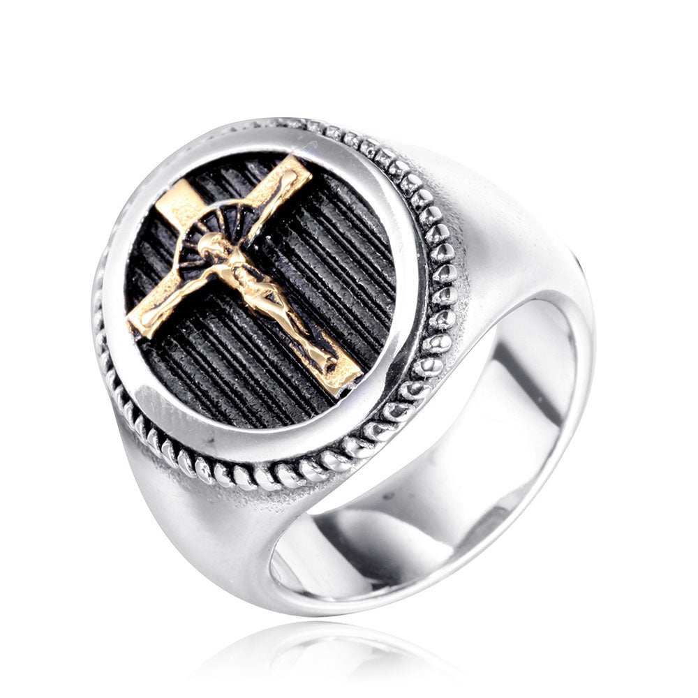 Mens Jesus Cross Ring Gold Plated Alloy Religious Jewelry Durable Fashion Accessory For Daily Wear On Occasion