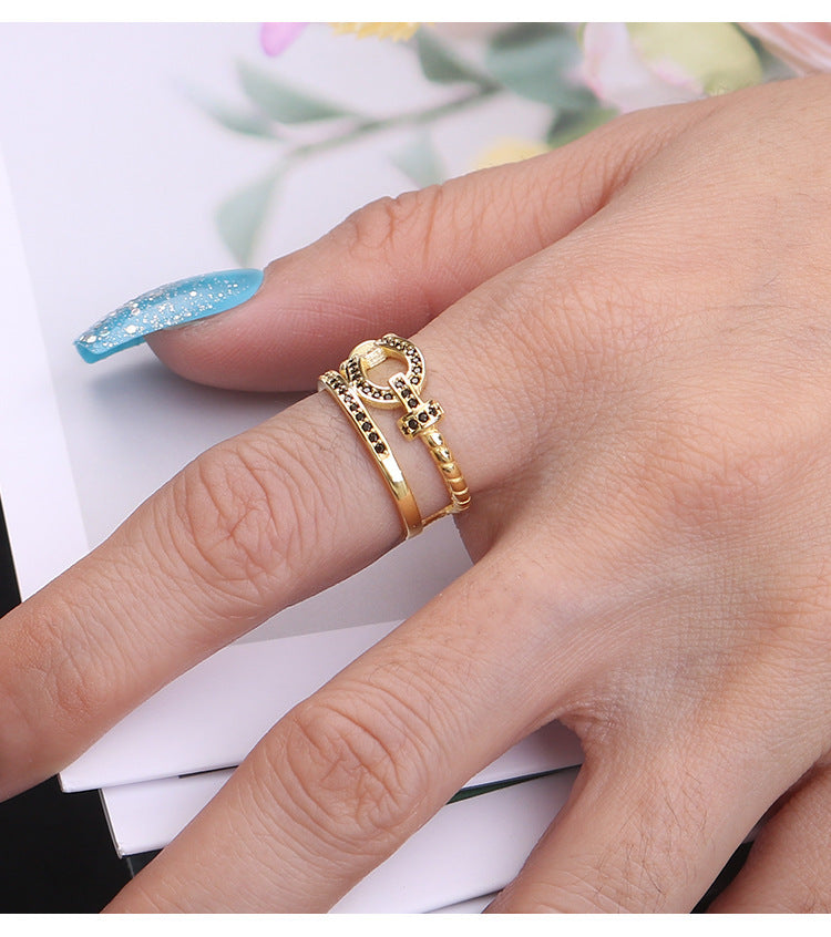 Womens Ring Golden Dripping Oil Cartoon Character Design Thai Silver Gold Plated Double Layer Elegant Fashion Ring