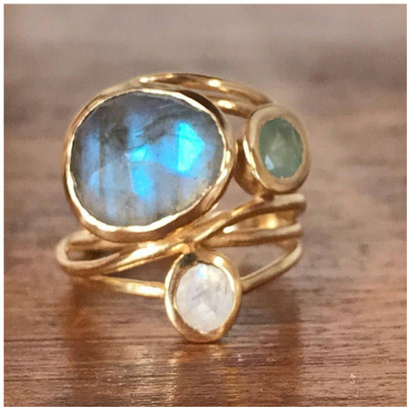 Gold Plated Moonstone Ring For Women With Colorful Shell Inlay And Semi Precious Gems Sizes US 6 7 8 9 10 For Her