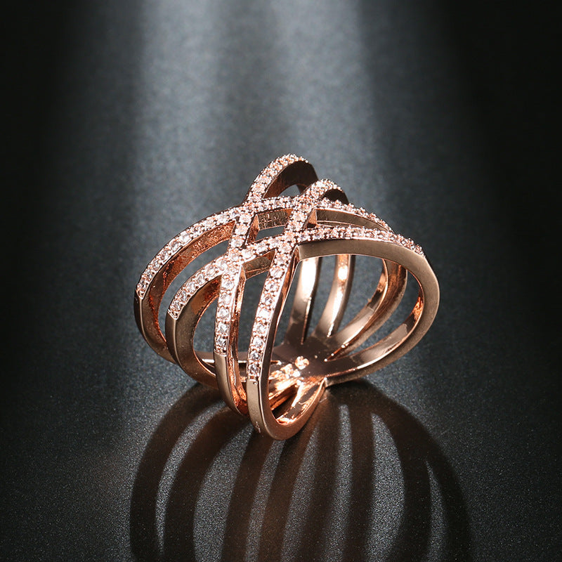 Zircon Inlaid Double Cross Ring Copper Gold Plated Womens Fashion Jewelry Elegant Statement Ring For Her Gleam