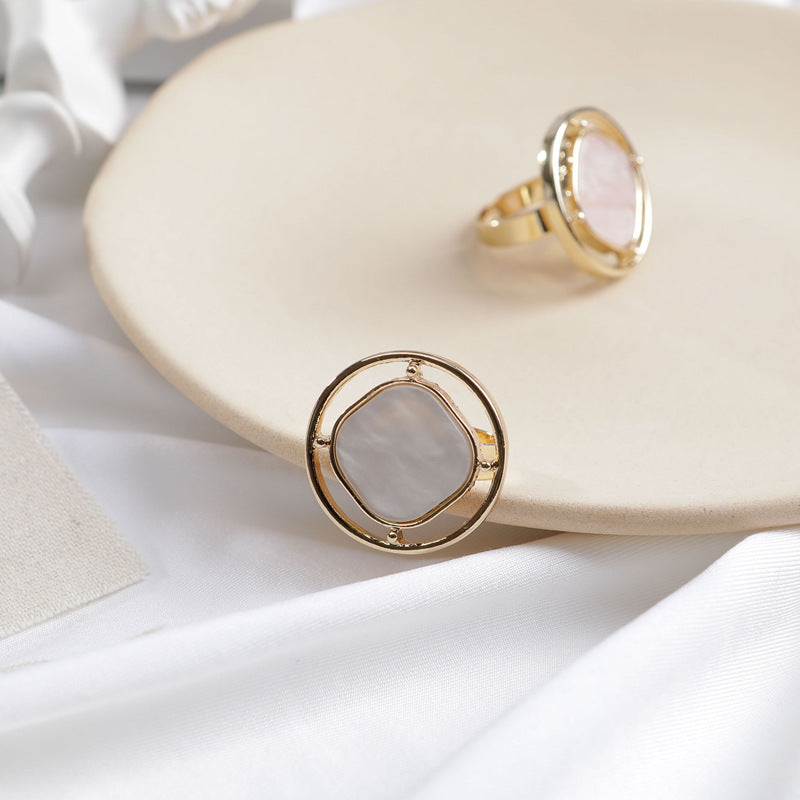 Ladies Geometric Alloy Ring With Round Acetate Plate Electroplated Design Korean Fashion Elegant Statement Ring