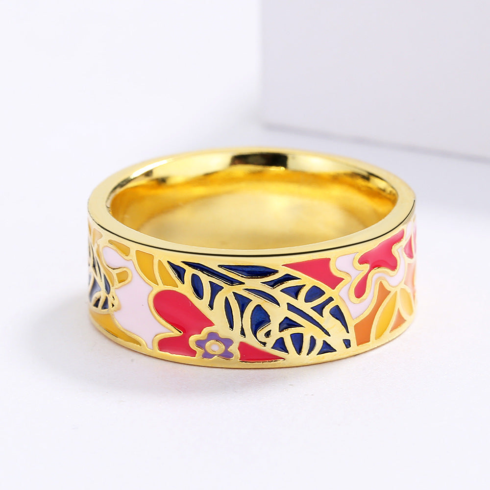 Womens Brass Ring with Japanese Enamel Epoxy Color and Female Design a Fashionable Ring for Her with Unique Detailing and Artistic Flair