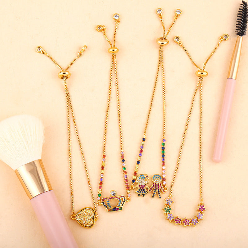 Womens Pearl Bracelet Gold Plated With Artificial Gemstones HeartCross CrownCharms 23cm Chain 24mm Pendant for