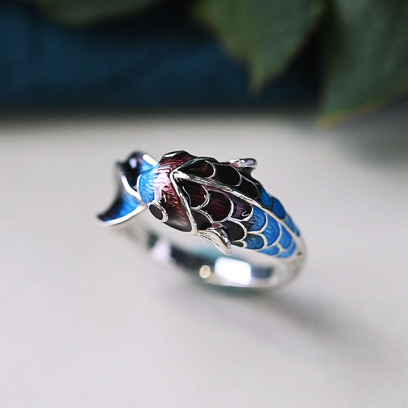 Womens Fashion Retro Ethnic Style Burnt Blue Enamel Handmade Ring Copper Koi Design Everyday Wear Accessory Ok