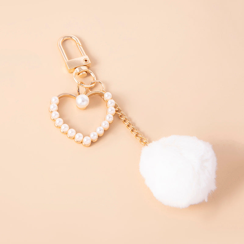 Womens Plush Ball Keychain With Pearls And Heart Charms Gold Tone Trendy Pompom Bag Charm Accessory Gift Ready