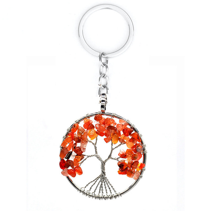 Tree Of Life Keychain Natural Crystal Copper Wire Pendant With Leather Rope For Keys Car Charm White 5cm 7 Colors