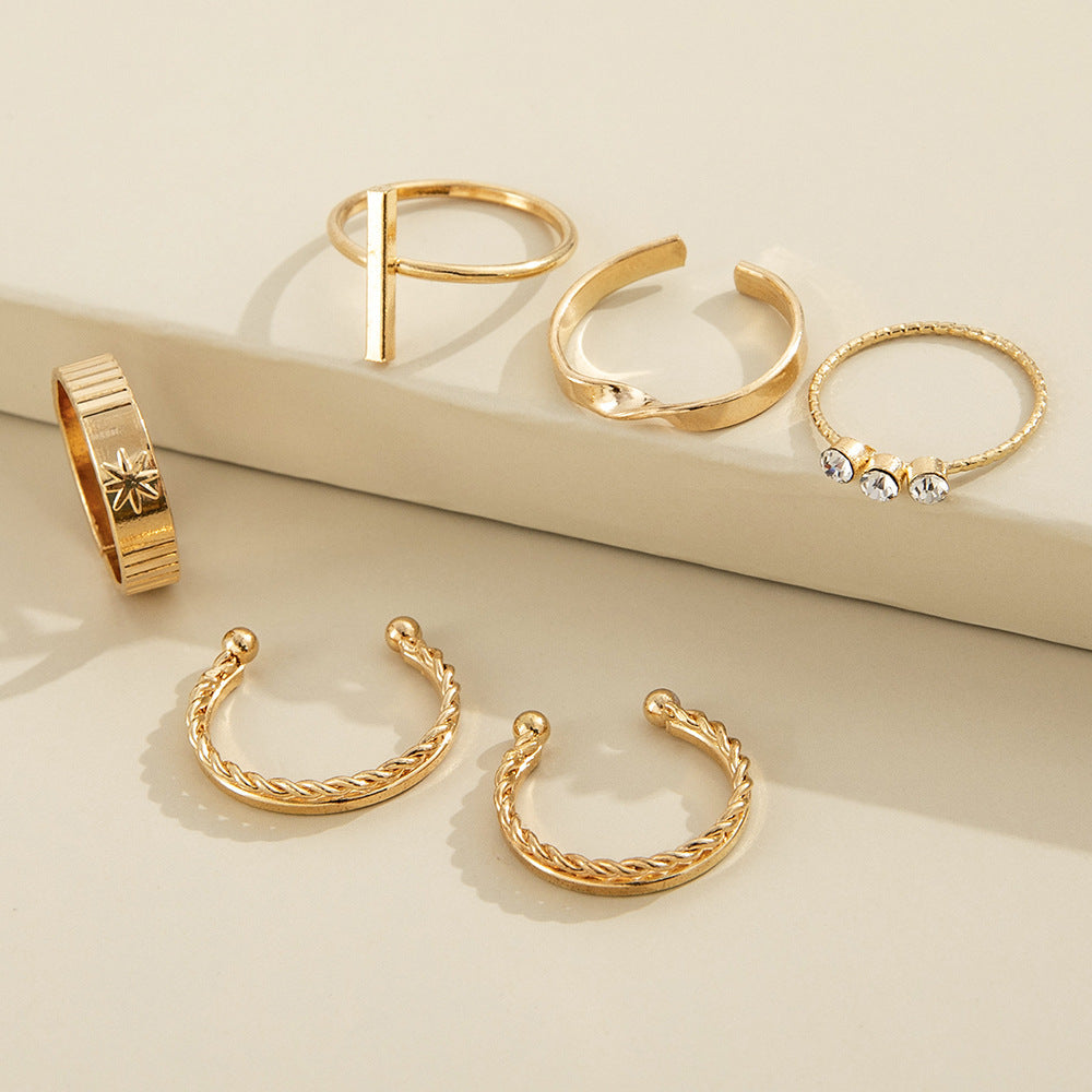 Womens Alloy Ring Set Six Piece Fashion Rings With Geometric Star And Diamond Accent European American Jewelry