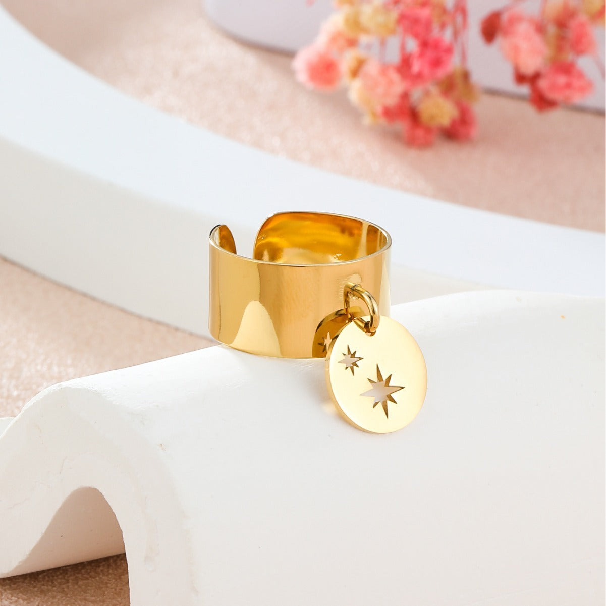 Flower Hollow Ring For Women Open Mouth Stainless Steel Gold Or Silver Finish Jewelry Free Size Adjustable Fit