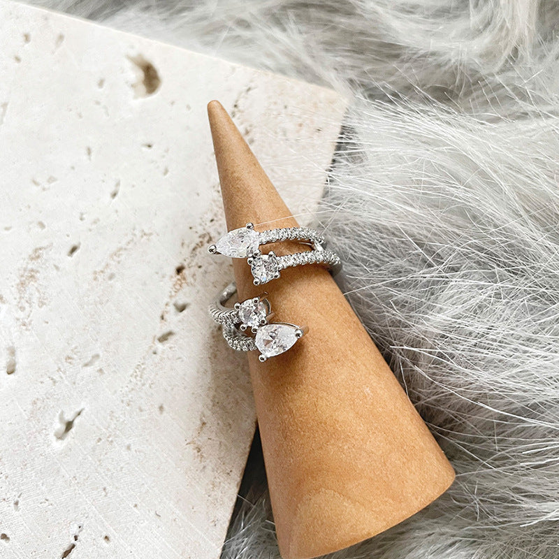 Womens Zircon Water Drop Copper Geometric Ring Open Adjustable Dual Layer Elegant Chic Jewelry Gift Idea Today