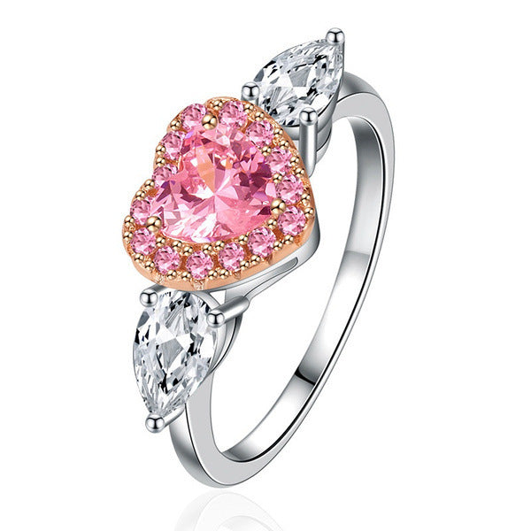Womens Heart Ring With Zircon Gemstone Inlay White Gold Tone Alloy Jewelry Peach Heart Prong Setting For Her Gift