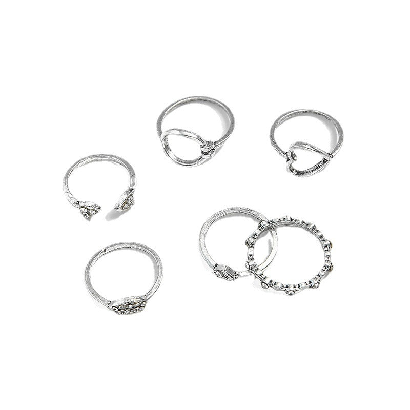 Womens Geometric Retro Ring Set Heart Shaped Alloy Jewelry with Artificial Gems Electroplated Rings Drop Rings