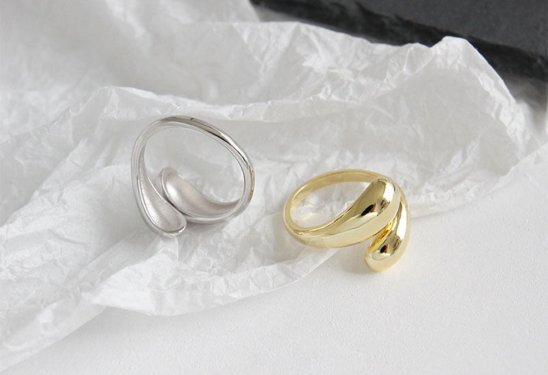 Unisex Open End Ring Geometric Water Drop Design Korean Gift Minimalist Glossy Gold Silver Plated Copper Band Ring