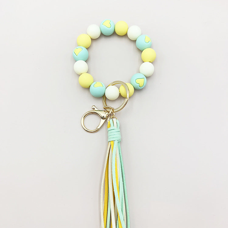 Women Silicone Beads Bracelet Keyring With Velvet Tassel Peach Heart Charm For Car Luggage Pink Green Fun Gift