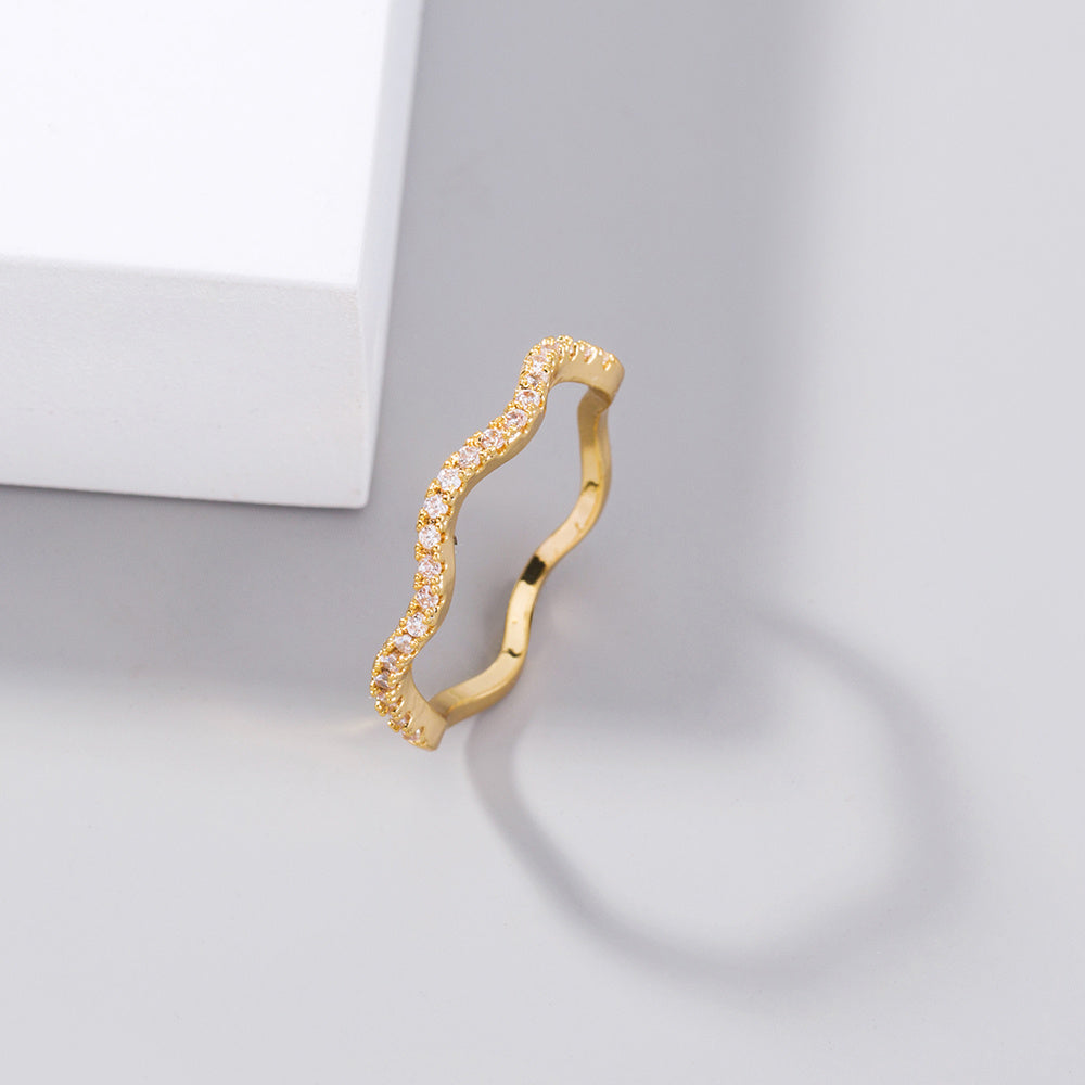 Womens Adjustable Ring Copper Zircon Gold Wave Design European American Ring Simple Wild Ring Electroplated Jewelry