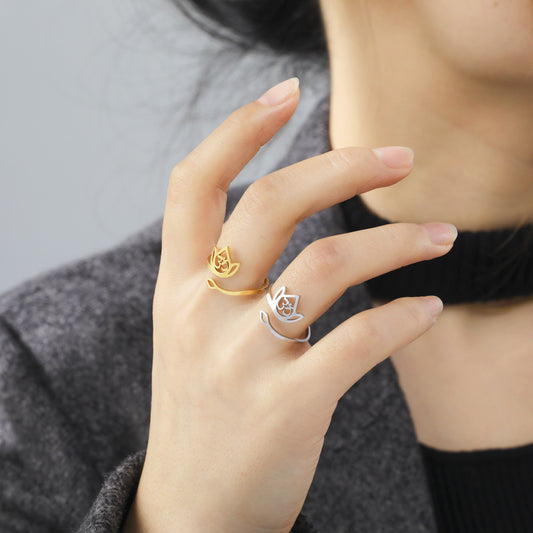 Lotus Flower Ring Adjustable Stainless Steel Vintage Inspired Jewelry For Her Gift Idea Elegant Everyday Style