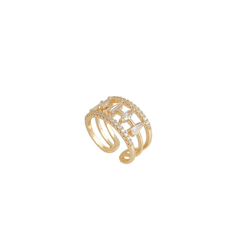 Women Adjustable Zircon Ring Copper Gold Tone Geometric Korean Style Opening Ring With Clear Stones Elegant Sparkling