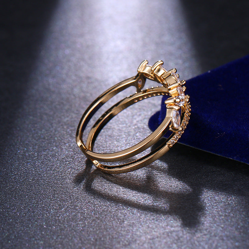 Women's Adjustable Ring Horse Eye Zircon Ring Electroplated Copper Open Ring Creative Geometric Fashion Ring Personality Messy Arrangement Ring Real Gold White