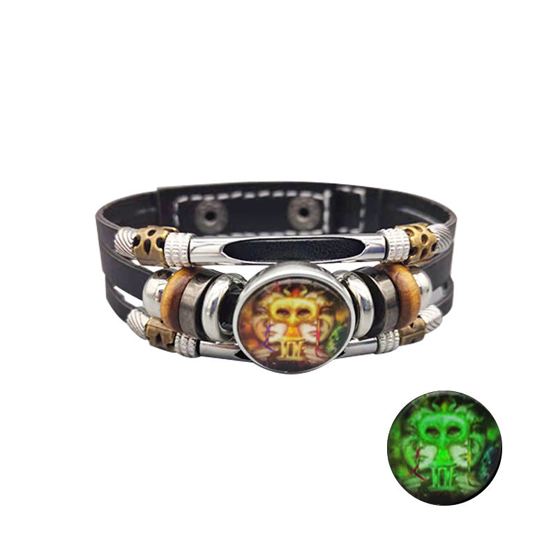Unisex Retro Leather Bracelet Constellation Luminous Zodiac Sign Alloy Inlay Vintage Jewelry Gift Perfect Gift