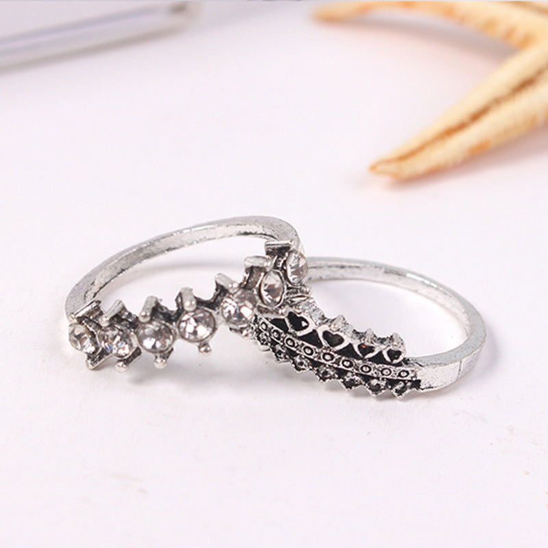 Heart Ring Set With Diamond Accents Ancient Silver Finish Flower Design Alloy Rings For Women Jewelry Gift Daily Wear