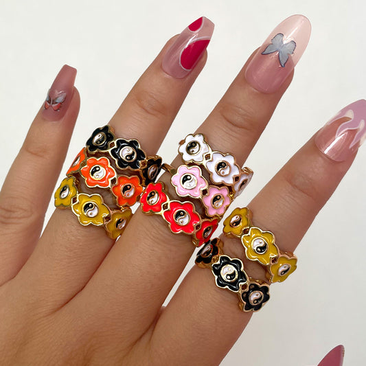 Womens Alloy Ring Drip Oil Color Flower Design Bagua Style Elegant Floral Ring For Women Fashion Jewelry Trend