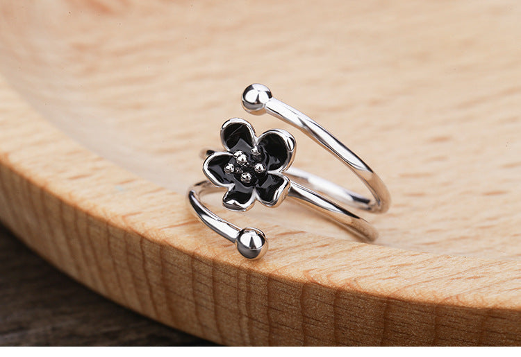 Womens Black Flower Ring Elegant Alloy Electroplated Jewelry Accessory Gift Simple Flower For Everyday Wear Now