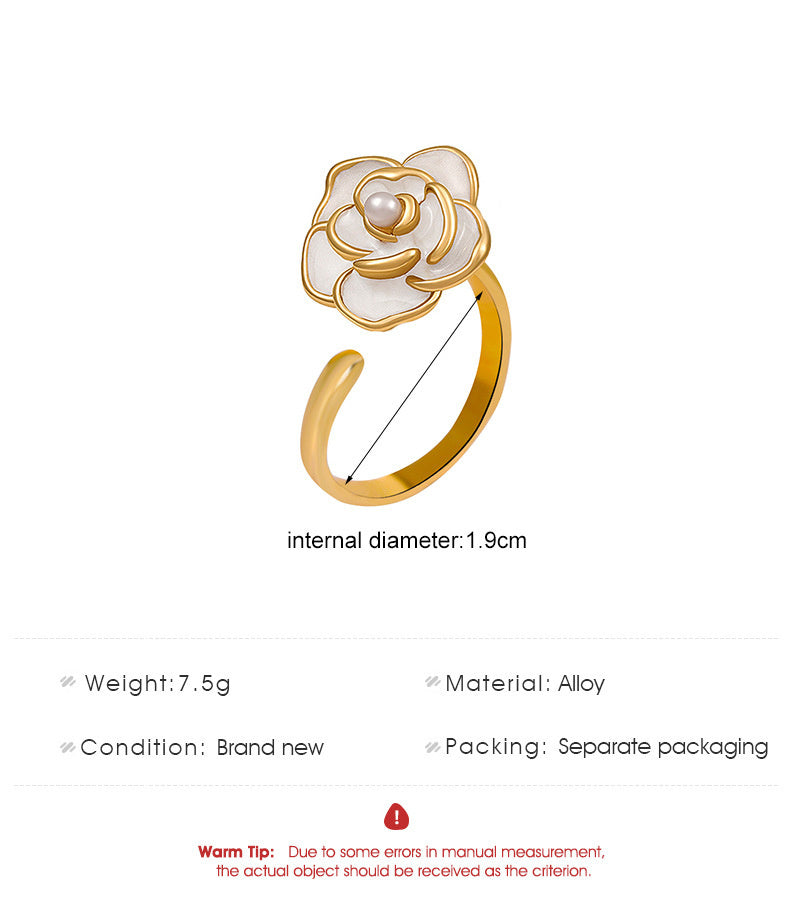 Womens Floral Camellia Ring Alloy Gold Plated Vintage White Flower Fashion Ring Gift For Her Elegant Accessory