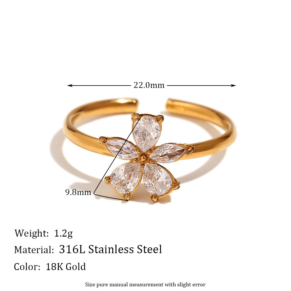Womens 18K Gold Plated StainlessSteel Flower Ring With Zircon Micro Inlaid OpenAdjustable Petal Design Jewelry