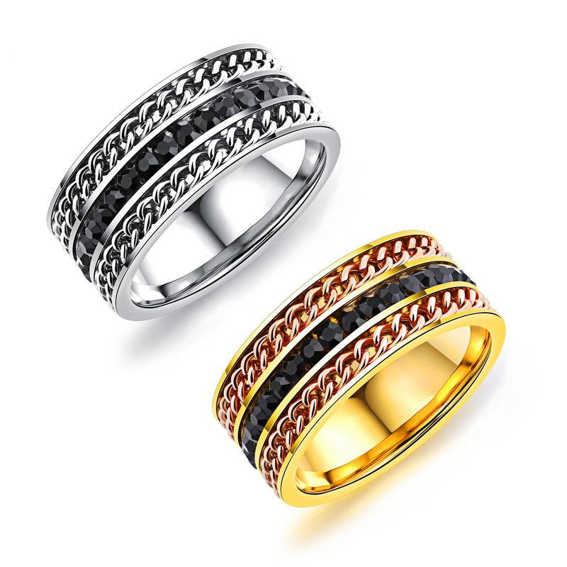 Three Row Wide Cable Chain Black Diamond Ring For Men Titanium Steel With Gem Inlays Elegant Modern Design Art