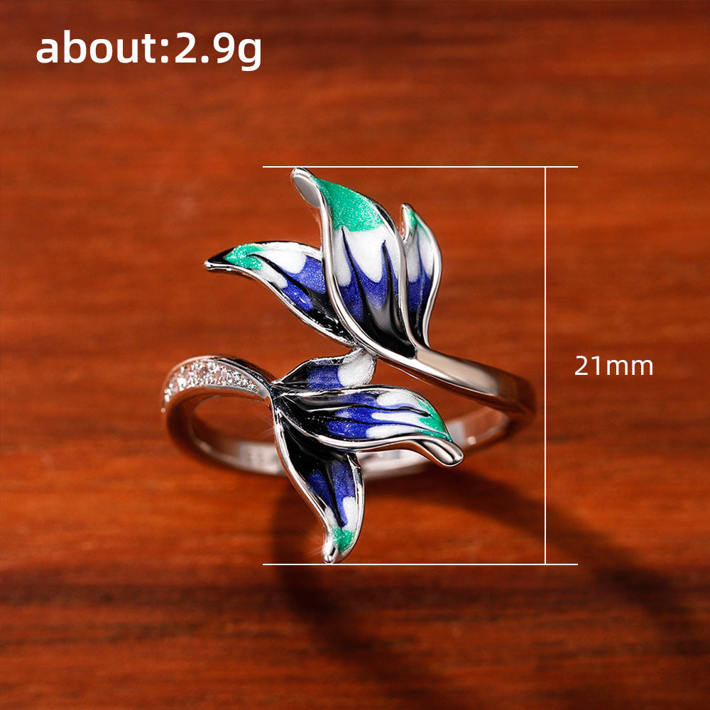 Blue Droplet Oil Copper Ring Ethnic Flower Design Fashion Jewelry Gift For Her Statement Accessory Elegant Gem